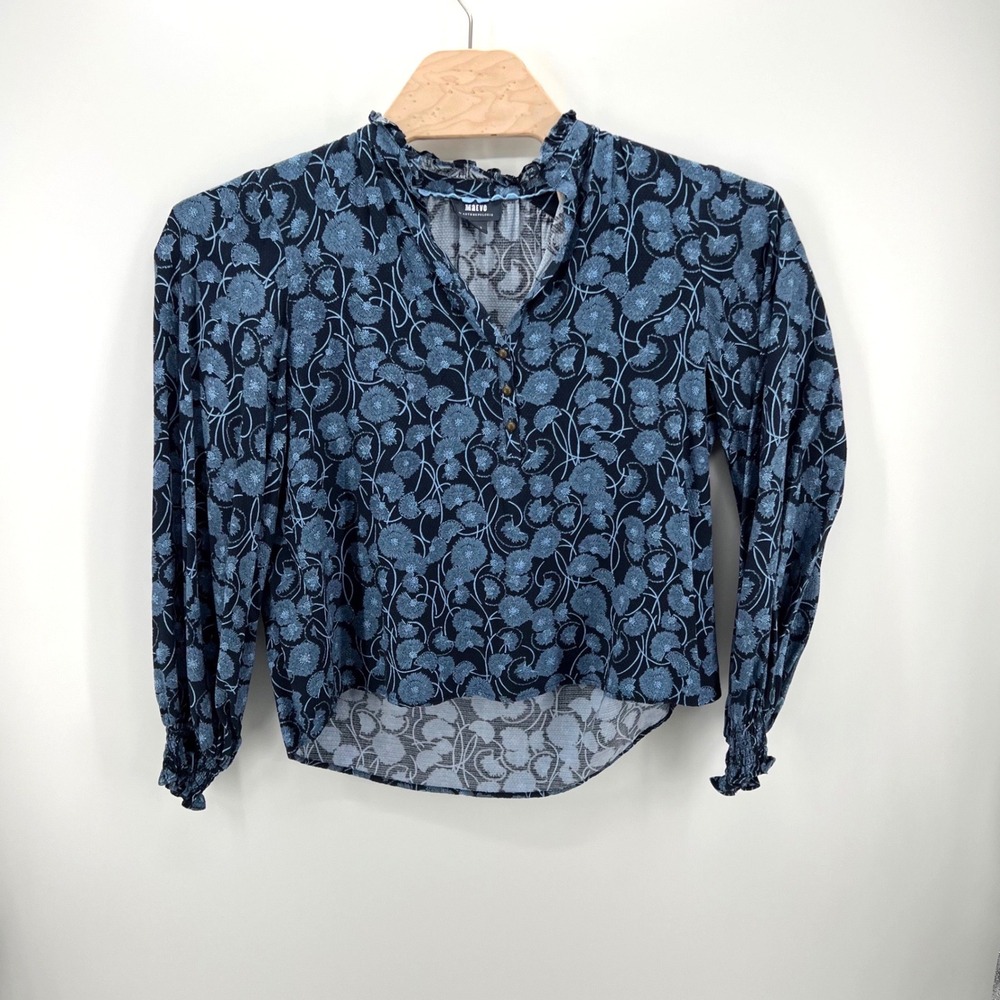 Maeve Anthropologie Blouse Womens S Blue Floral Boho Ruffle Neck Smocked Cuff